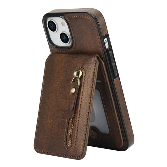 For iPhone 15 Zipper Wallet Split MagSafe Leather Back Phone Case(Brown) - iPhone 15 Cases by buy2fix | Online Shopping UK | buy2fix