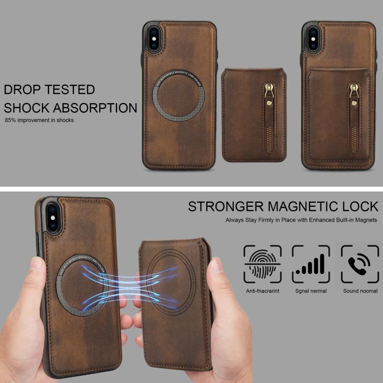 For iPhone XR Zipper Wallet Split MagSafe Leather Back Phone Case(Brown) - More iPhone Cases by buy2fix | Online Shopping UK | buy2fix