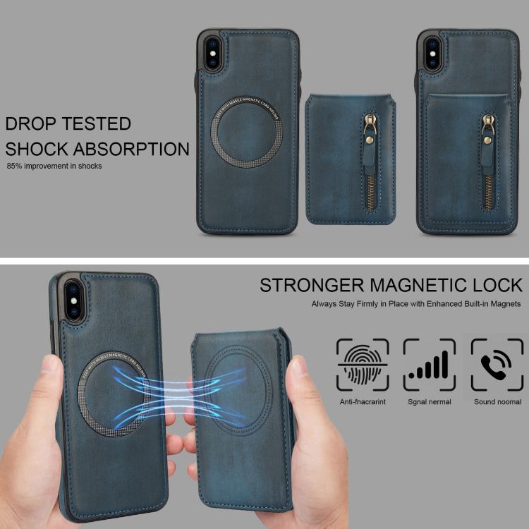 For iPhone XS Max Zipper Wallet Split MagSafe Leather Back Phone Case(Blue) - More iPhone Cases by buy2fix | Online Shopping UK | buy2fix