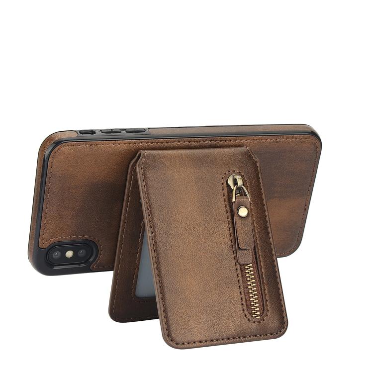 For iPhone XS Max Zipper Wallet Split MagSafe Leather Back Phone Case(Brown) - More iPhone Cases by buy2fix | Online Shopping UK | buy2fix
