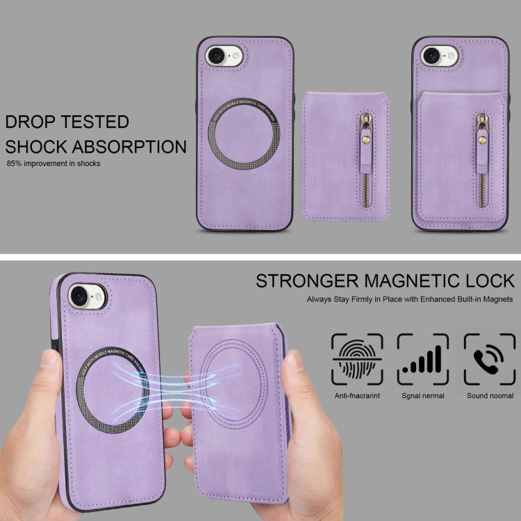 For iPhone 16e Zipper Wallet Split MagSafe Leather Back Phone Case(Purple) - iPhone 16e Cases by buy2fix | Online Shopping UK | buy2fix