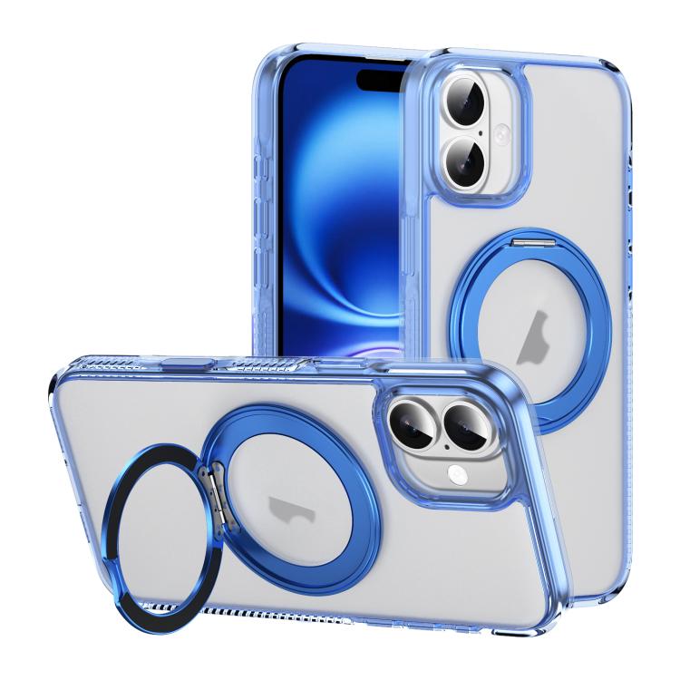 For iPhone 16 Translucent Frosted MagSafe Holder Phone Case with AI Button(Blue) - iPhone 16 Cases by buy2fix | Online Shopping UK | buy2fix