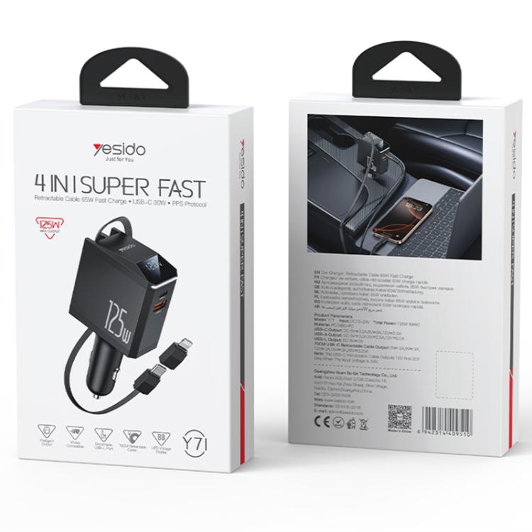 Yesido Y71 125W Type-C + 8 Pin Retractable Cable 3 in 1 Car Charger(Black) - Car Charger by Yesido | Online Shopping UK | buy2fix