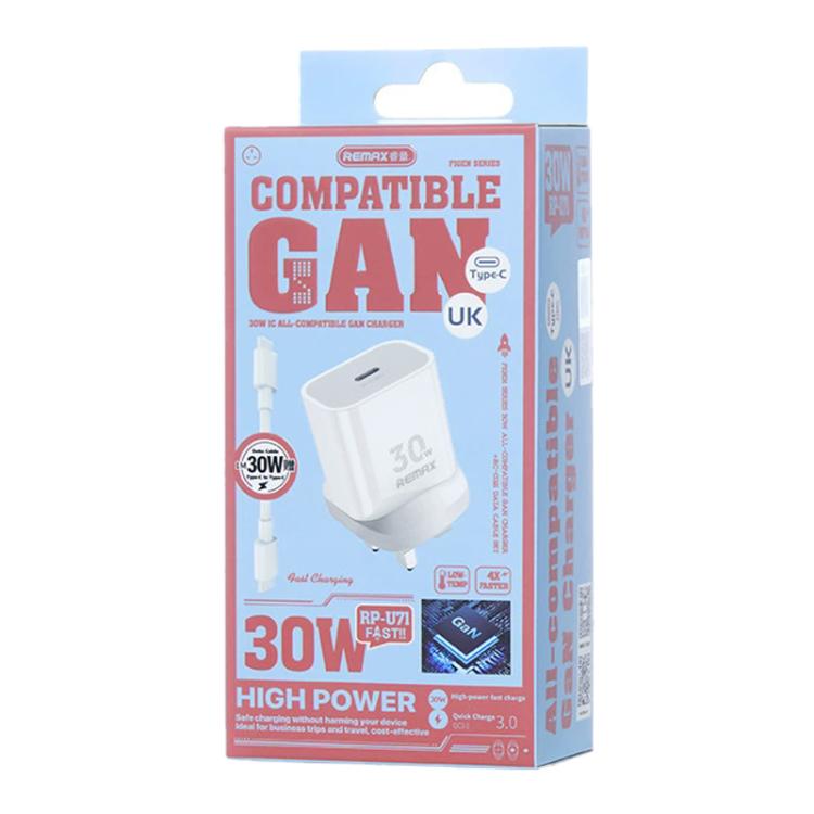REMAX RP-U71 30W Type-C All-compatible GaN Charger with Data Cable, Plug:UK Plug(White) - USB Charger by REMAX | Online Shopping UK | buy2fix
