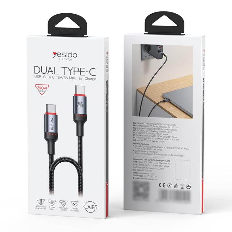 Yesido CA185 240W Type-C to Type-C Aluminum Alloy Data Cable, Length: 1.2m(Black) - USB-C & Type-C Cable by Yesido | Online Shopping UK | buy2fix