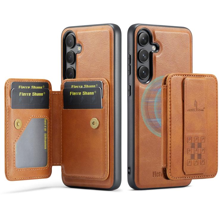 For Samsung Galaxy S24 FE 5G Fierre Shann FS028 MagSafe RFID Card Holder Back Phone Case(Brown) - Galaxy S24 FE 5G Cases by FIERRE SHANN | Online Shopping UK | buy2fix