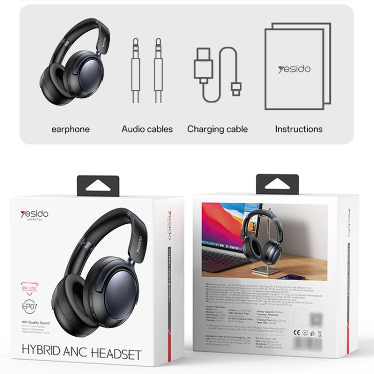 Yesido EP07 Hybrid Dual-feed ANC Noise Reduction Bluetooth Headphones(Black) - Headset & Headphone by Yesido | Online Shopping UK | buy2fix