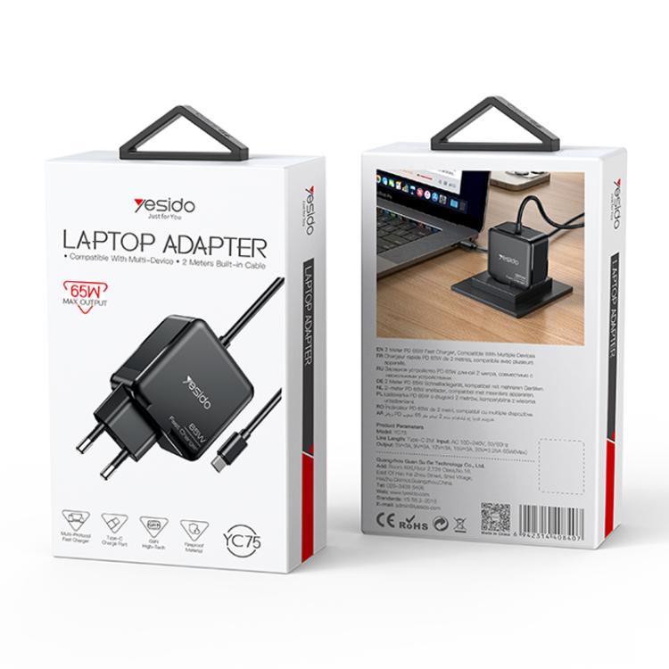 Yesido YC75 PD65W 2m USB-C / Type-C Cable Laptop Charger, EU Plug(Black) - Cable & Adapter by Yesido | Online Shopping UK | buy2fix