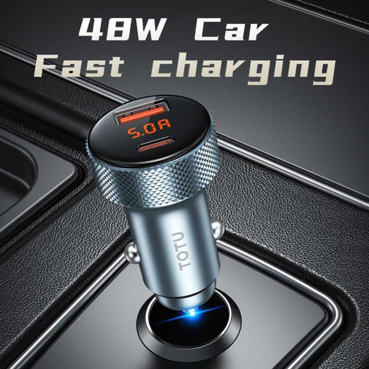 TOTU CC-4 48W USB-A and USB-C / Type-C Digital Display Dual Ports Fast Charging Car Charger(Grey) - Car Charger by TOTUDESIGN | Online Shopping UK | buy2fix