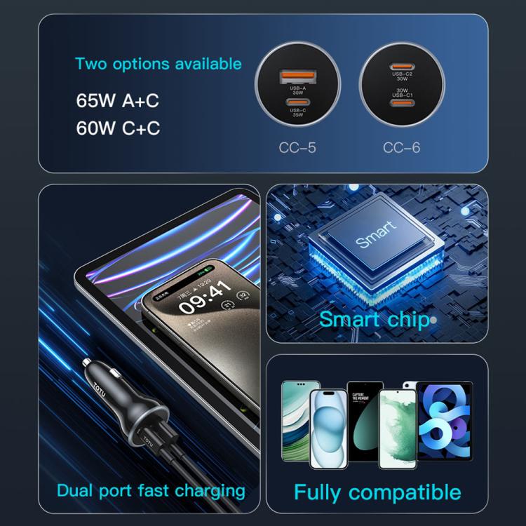 TOTU CC-5 65W USB-A and USB-C / Type-C Dual Ports Fast Charging Car Charger(Black) - Car Charger by TOTUDESIGN | Online Shopping UK | buy2fix