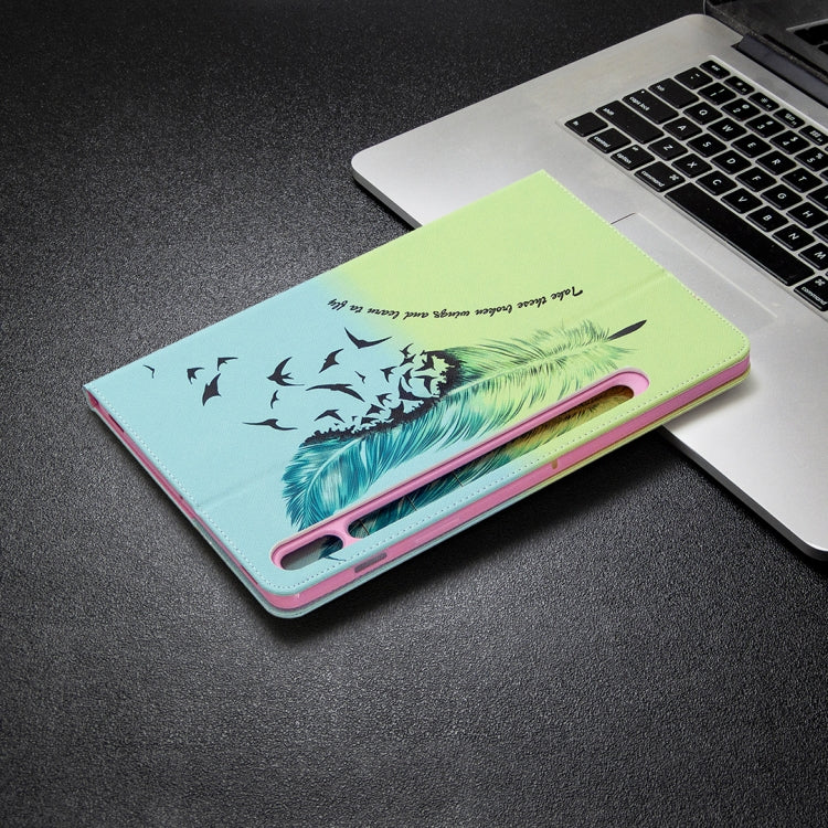 For Samsung Galaxy Tab S8 / Galaxy Tab S7 T870 Colored Drawing Pattern Horizontal Flip Leather Case with Holder & Card Slots & Wallet(Feather Bird) by buy2fix