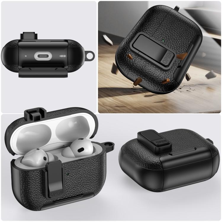 For AirPods Pro Leather Texture Wireless Earphones Case with Hook & Holder(Black Red) - For AirPods Pro by buy2fix | Online Shopping UK | buy2fix