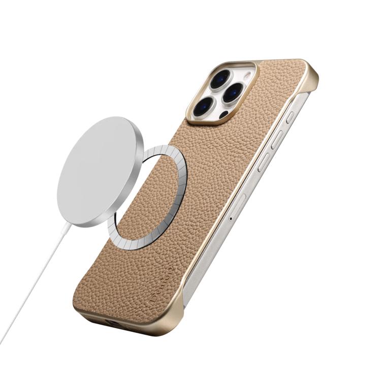 For iPhone 15 Pro Denior A20 Genuine Leather Litchi Texture MagSafe Frameless Phone Case(Khaki) - iPhone 15 Pro Cases by Denior | Online Shopping UK | buy2fix