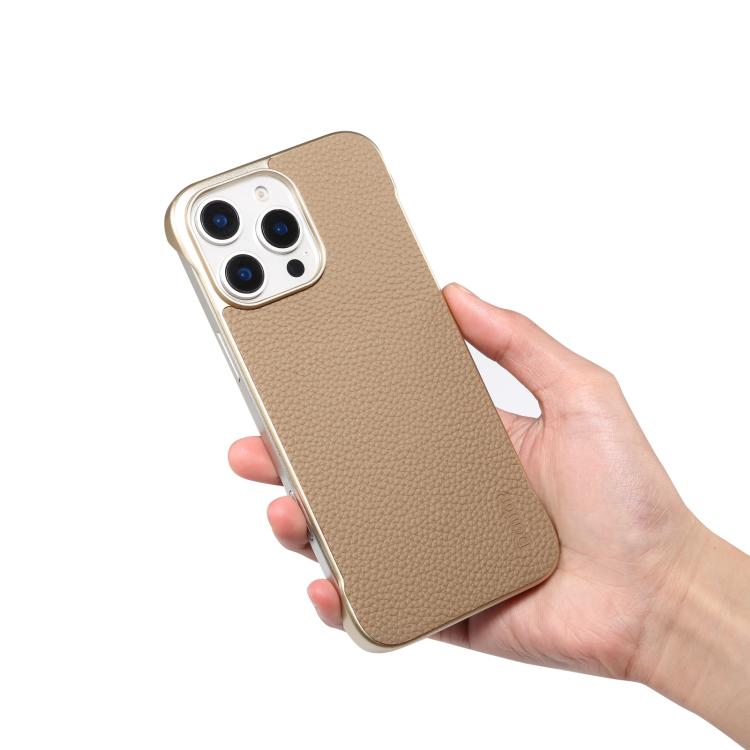 For iPhone 15 Pro Denior A20 Genuine Leather Litchi Texture MagSafe Frameless Phone Case(Khaki) - iPhone 15 Pro Cases by Denior | Online Shopping UK | buy2fix