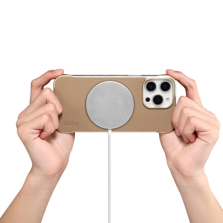 For iPhone 16 Pro Max Denior A20 Genuine Leather Litchi Texture MagSafe Frameless Phone Case(Khaki) - iPhone 16 Pro Max Cases by Denior | Online Shopping UK | buy2fix