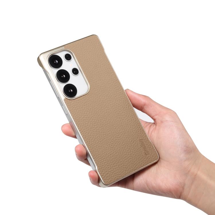 For Samsung Galaxy S25 5G Denior A20 Genuine Leather Litchi Texture MagSafe Frameless Phone Case(Khaki) - Galaxy S25 5G Cases by Denior | Online Shopping UK | buy2fix