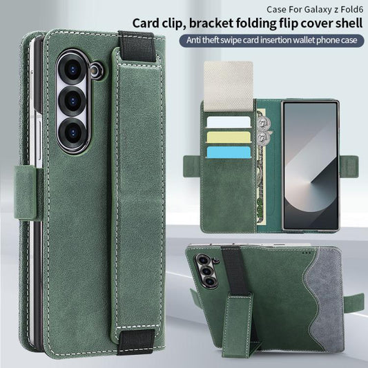 For Samsung Galaxy Z Fold5 VIETAO Integrated Spliced Leather Phone Case with Elastic Bowl Strap(Green) - Galaxy Z Fold5 Cases by VIETAO | Online Shopping UK | buy2fix