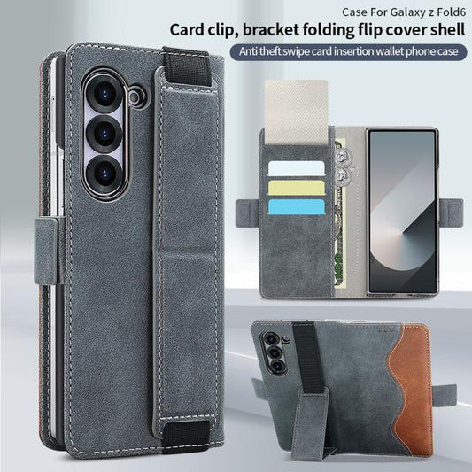 For Samsung Galaxy Z Fold5 VIETAO Integrated Spliced Leather Phone Case with Elastic Bowl Strap(Gray) - Galaxy Z Fold5 Cases by VIETAO | Online Shopping UK | buy2fix