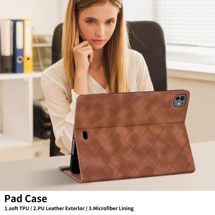For iPad Pro 11 2024 Rhombus Embossed Leather Smart Tablet Case(Brown) - iPad Pro 11 2024 Cases by buy2fix | Online Shopping UK | buy2fix