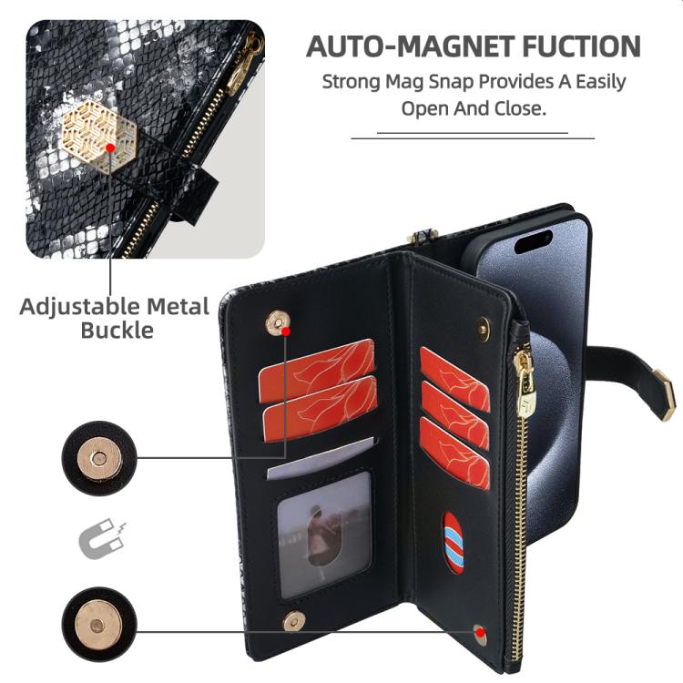 For iPhone 16 Pro Crossbody Handle Snake Texture Leather Phone Case(Black) - iPhone 16 Pro Cases by buy2fix | Online Shopping UK | buy2fix