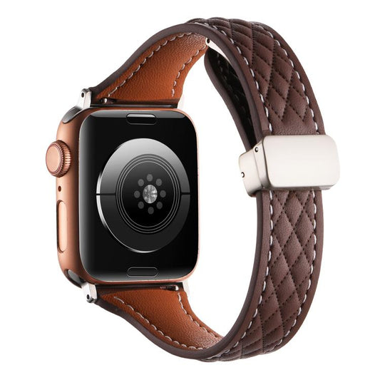 For Apple Watch 46mm / 49mm / 45mm / 44mm Kalebol Diamond Pattern Magnetic Buckle Leather Strap(Coffee) - Watch Bands by Kalebol | Online Shopping UK | buy2fix