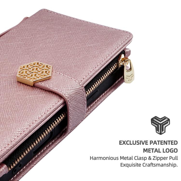 For iPhone 16 Pro Crossbody Handle Cross Texture Leather Phone Case(Rose Gold) - iPhone 16 Pro Cases by buy2fix | Online Shopping UK | buy2fix