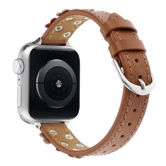 For Apple Watch 46mm / 49mm / 45mm / 44mm Kalebol Studded Flower Leather Strap(Brown) - Watch Bands by Kalebol | Online Shopping UK | buy2fix