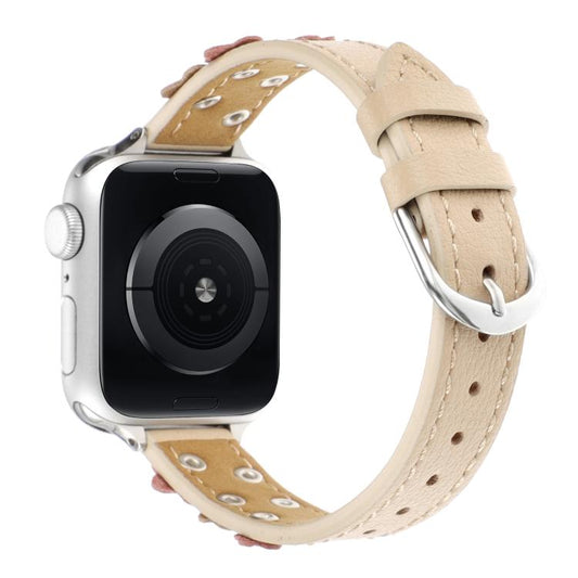 For Apple Watch 42mm / 41mm / 40mm / 38mm Kalebol Studded Flower Leather Strap(Milk Apricot) - Watch Bands by Kalebol | Online Shopping UK | buy2fix