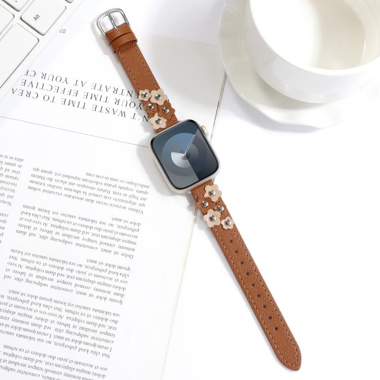 For Apple Watch 42mm / 41mm / 40mm / 38mm Kalebol Studded Flower Leather Strap(Brown) - Watch Bands by Kalebol | Online Shopping UK | buy2fix