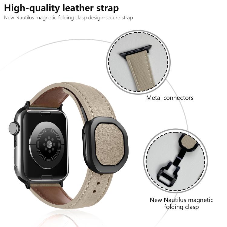 For Apple Watch 42mm / 41mm / 40mm / 38mm Kalebol Magnetic Fold Genuine Buckle Leather Watch Band(Beige) - Watch Bands by Kalebol | Online Shopping UK | buy2fix
