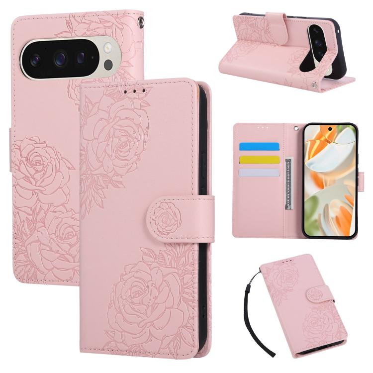 For Google Pixel 10 Pro XL Rose Flower Embossed 3-Card Slots Leather Phone Case(Pink) - Google Cases by buy2fix | Online Shopping UK | buy2fix