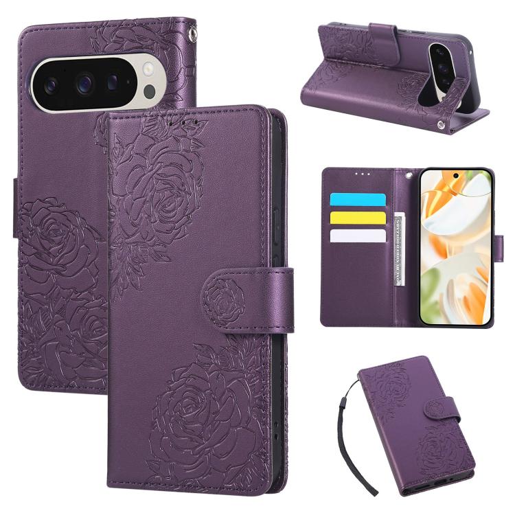 For Google Pixel 10 Pro XL Rose Flower Embossed 3-Card Slots Leather Phone Case(Deep Purple) - Google Cases by buy2fix | Online Shopping UK | buy2fix