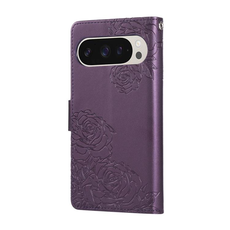 For Google Pixel 10 Pro XL Rose Flower Embossed 3-Card Slots Leather Phone Case(Deep Purple) - Google Cases by buy2fix | Online Shopping UK | buy2fix