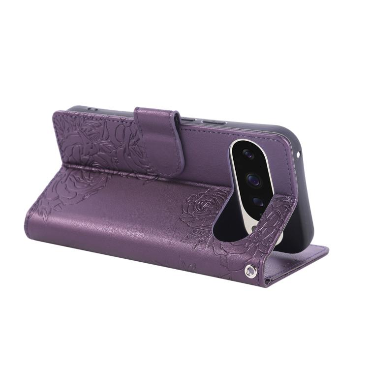 For Google Pixel 10 Pro XL Rose Flower Embossed 3-Card Slots Leather Phone Case(Deep Purple) - Google Cases by buy2fix | Online Shopping UK | buy2fix