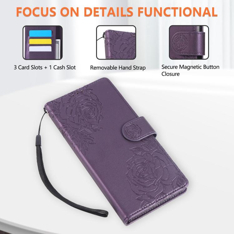 For Google Pixel 10 Pro XL Rose Flower Embossed 3-Card Slots Leather Phone Case(Deep Purple) - Google Cases by buy2fix | Online Shopping UK | buy2fix