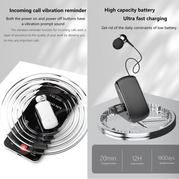 K68 Card Business Collar Clip Type Single Ear Bluetooth Earphones(White) - Bluetooth Earphone by buy2fix | Online Shopping UK | buy2fix