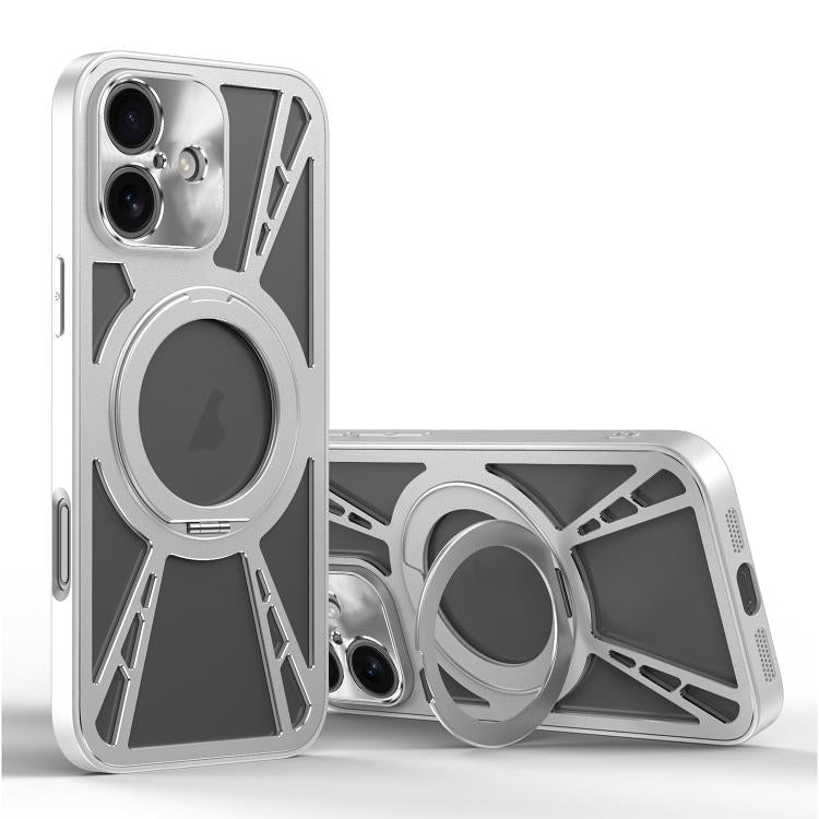 For iPhone 16 Cooling Hollow Metal Holder MagSafe Phone Case(Silver) - iPhone 16 Cases by buy2fix | Online Shopping UK | buy2fix