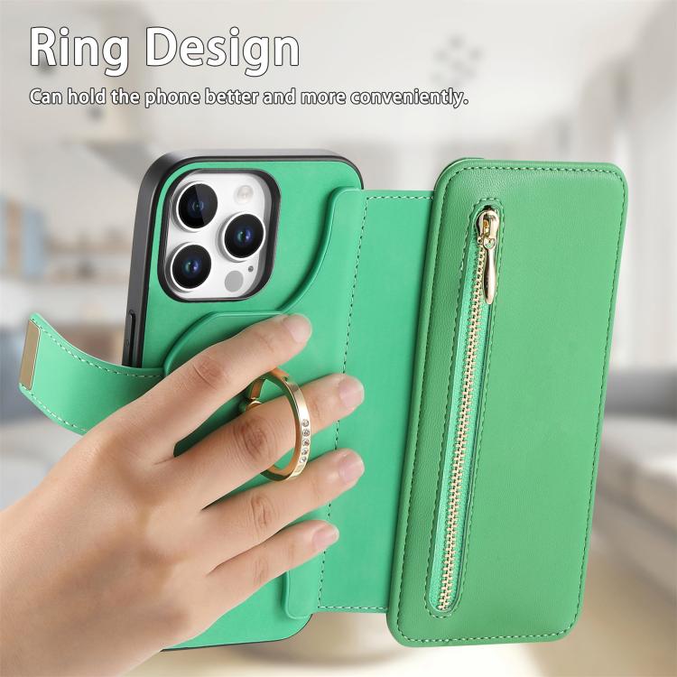 For iPhone 16 Pro Max Ring Zipper Wallet RFID Blocking MagSafe Leather Phone Case(Green) - iPhone 16 Pro Max Cases by buy2fix | Online Shopping UK | buy2fix
