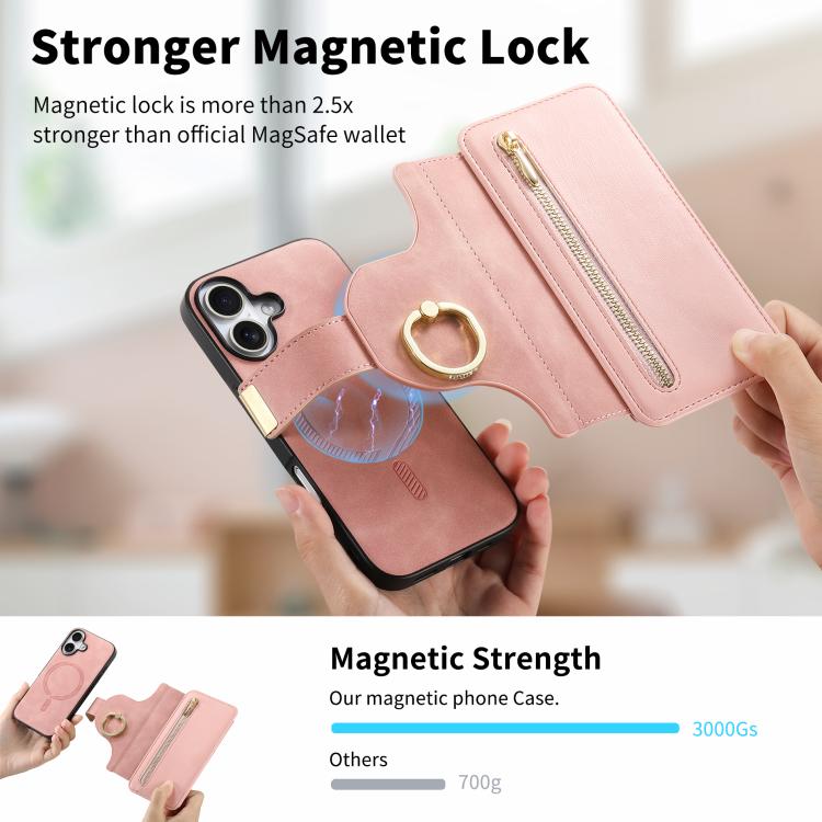 For iPhone 16 Ring Zipper Wallet RFID Blocking MagSafe Leather Phone Case(Pink) - iPhone 16 Cases by buy2fix | Online Shopping UK | buy2fix