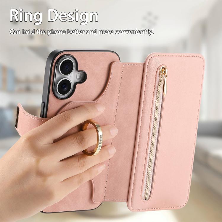 For iPhone 16 Ring Zipper Wallet RFID Blocking MagSafe Leather Phone Case(Pink) - iPhone 16 Cases by buy2fix | Online Shopping UK | buy2fix