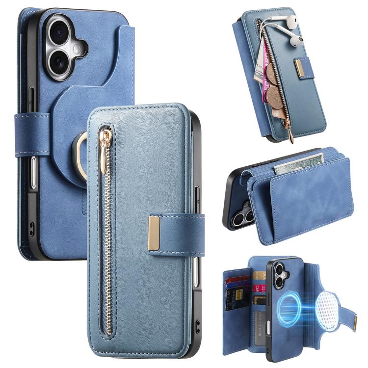 For iPhone 16 Ring Zipper Wallet RFID Blocking MagSafe Leather Phone Case(Blue) - iPhone 16 Cases by buy2fix | Online Shopping UK | buy2fix