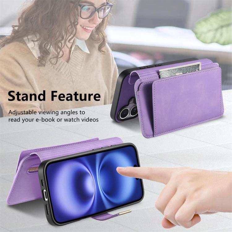 For iPhone 16 Ring Zipper Wallet RFID Blocking MagSafe Leather Phone Case(Purple) - iPhone 16 Cases by buy2fix | Online Shopping UK | buy2fix