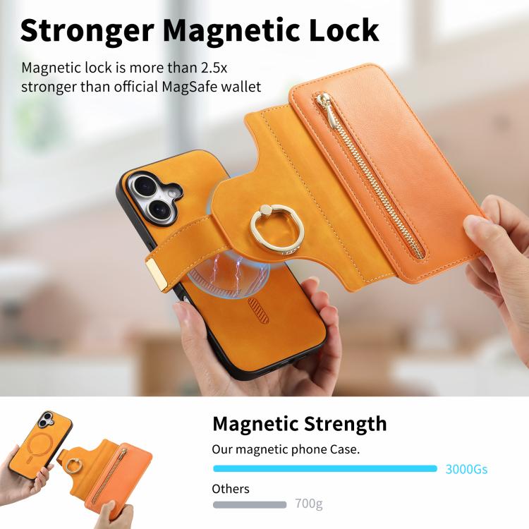 For iPhone 16 Ring Zipper Wallet RFID Blocking MagSafe Leather Phone Case(Orange) - iPhone 16 Cases by buy2fix | Online Shopping UK | buy2fix