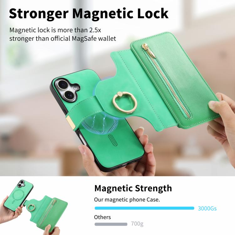 For iPhone 16 Ring Zipper Wallet RFID Blocking MagSafe Leather Phone Case(Green) - iPhone 16 Cases by buy2fix | Online Shopping UK | buy2fix