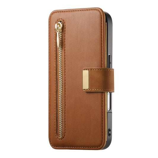 For iPhone 16 Ring Zipper Wallet RFID Blocking MagSafe Leather Phone Case(Brown) - iPhone 16 Cases by buy2fix | Online Shopping UK | buy2fix