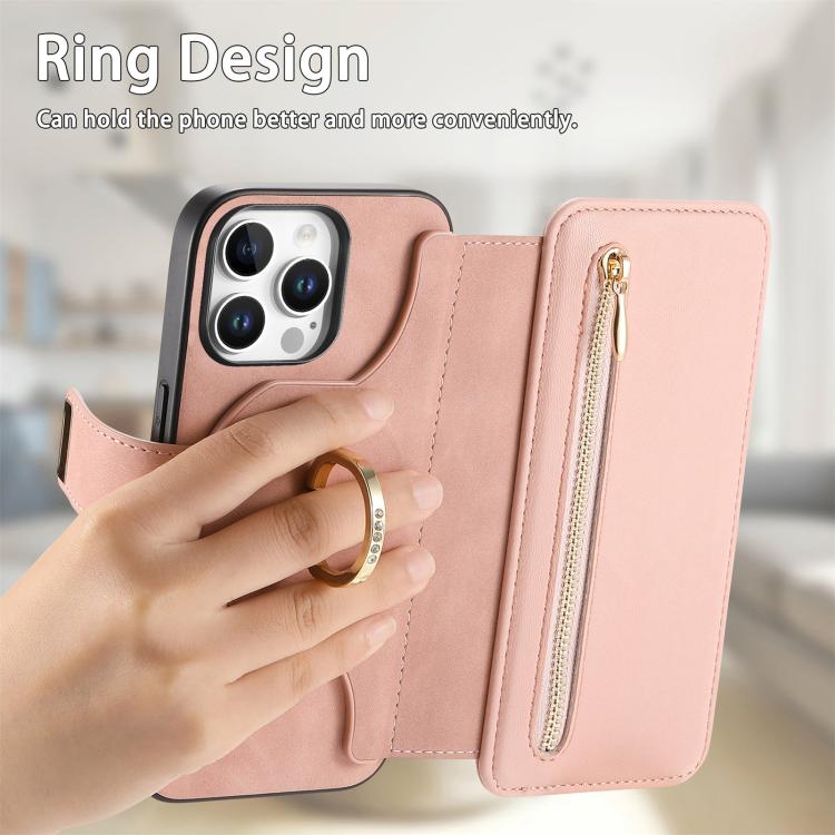 For iPhone 15 Pro Ring Zipper Wallet RFID Blocking MagSafe Leather Phone Case(Pink) - iPhone 15 Pro Cases by buy2fix | Online Shopping UK | buy2fix