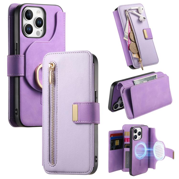 For iPhone 15 Pro Ring Zipper Wallet RFID Blocking MagSafe Leather Phone Case(Purple) - iPhone 15 Pro Cases by buy2fix | Online Shopping UK | buy2fix