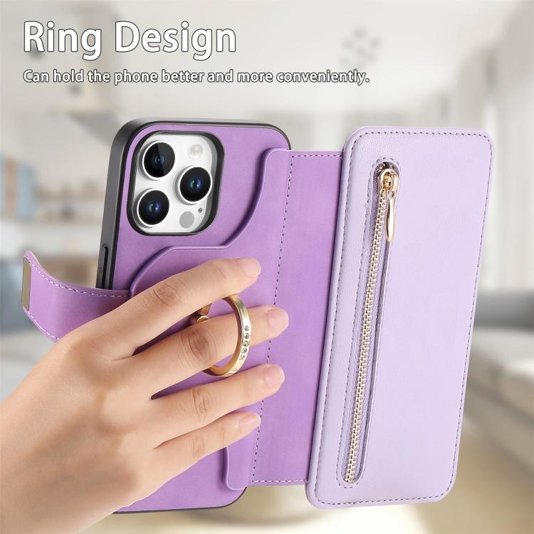 For iPhone 15 Pro Ring Zipper Wallet RFID Blocking MagSafe Leather Phone Case(Purple) - iPhone 15 Pro Cases by buy2fix | Online Shopping UK | buy2fix