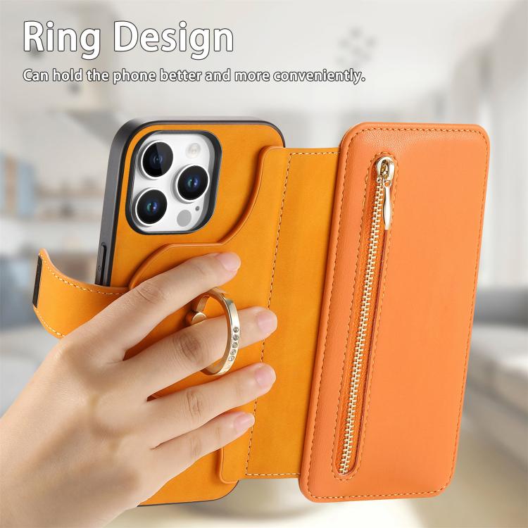 For iPhone 15 Pro Ring Zipper Wallet RFID Blocking MagSafe Leather Phone Case(Orange) - iPhone 15 Pro Cases by buy2fix | Online Shopping UK | buy2fix