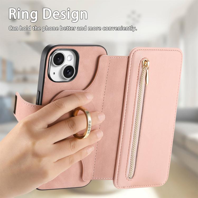 For iPhone 15 Ring Zipper Wallet RFID Blocking MagSafe Leather Phone Case(Pink) - iPhone 15 Cases by buy2fix | Online Shopping UK | buy2fix